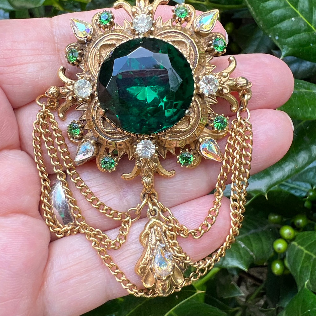 Vintage Florenza Stamped Gold Tone Emerald Green Rhinestone Statement Brooch Pin